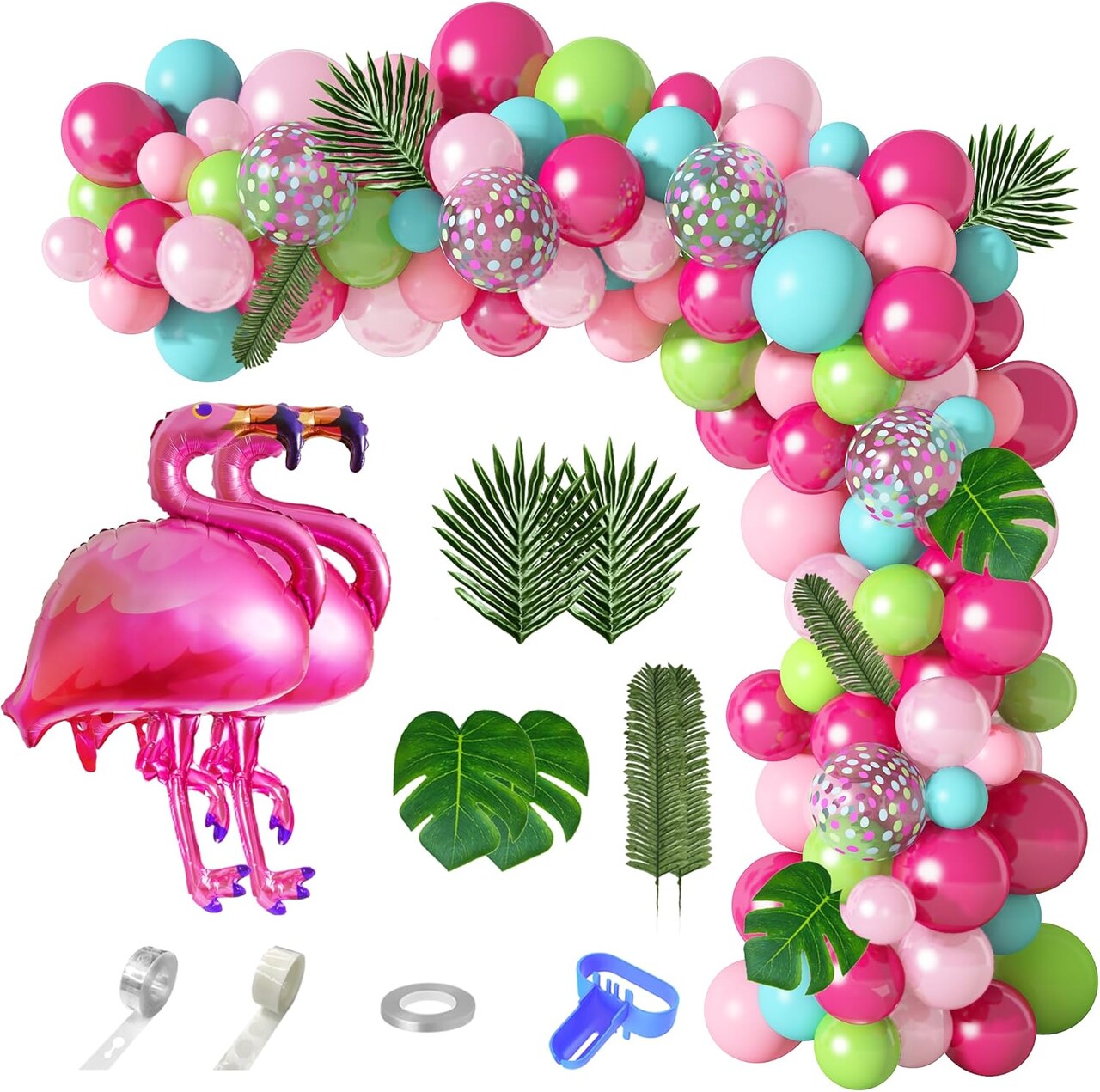 142Pcs Tropical Flamingo Balloons Garland Arch Kit, 40" Flamingo Balloons Hot Pink Green Confetti Balloons Palm Leaves for Hawaii Luau Aloha Flamingo Birthday Party Baby Shower Wedding Decorations